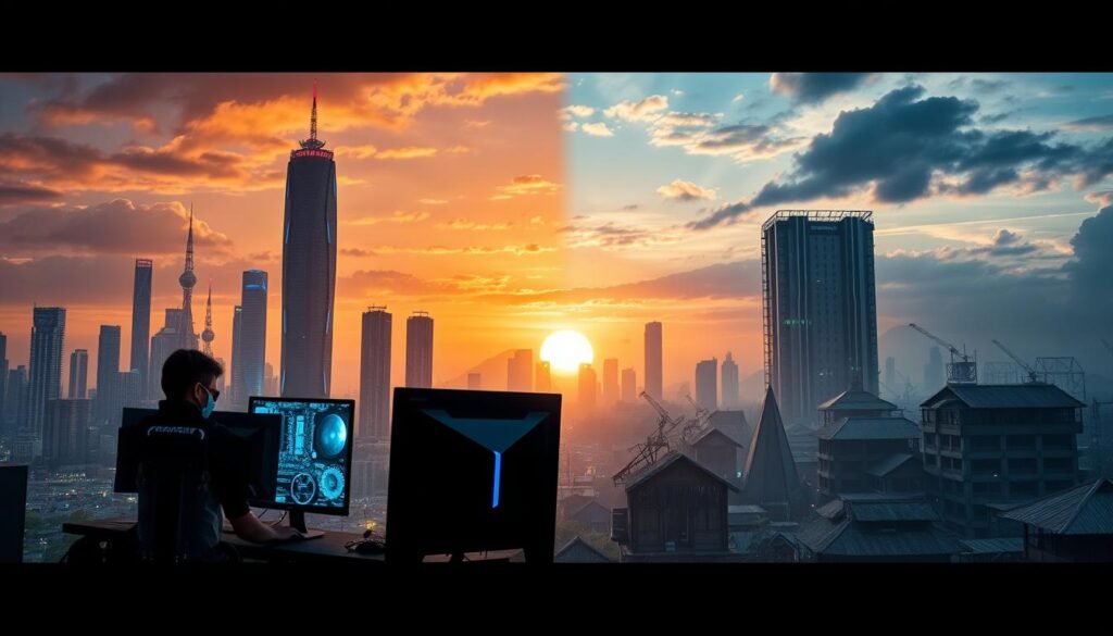 A futuristic cityscape illustrating the disparity in cloud gaming infrastructure between urban and rural areas in Indonesia. In the foreground, a high-tech gaming setup with a professional dressed gamer intently focused on their screen, with vibrant LED lights highlighting the equipment. In the middle ground, showcase contrasting elements: one side depicting a bustling city with advanced cloud server towers and fast internet connections, while the other side shows a quiet rural village with old technology, slow connections, and sparse internet infrastructure. The background features a sunset skyline, casting golden hues over the city while a dim, cooler palette envelops the rural side. The scene conveys a sense of hope and challenge, emphasizing the technological divide. Use a cinematic angle that captures both sides, projecting the mood of aspiration and realism.