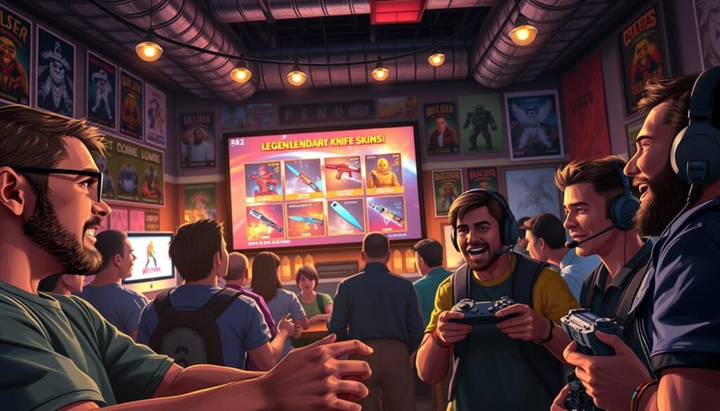 A vibrant digital art scene depicting a diverse group of enthusiastic gamers and community members reacting to a significant Counter Strike 2 update. In the foreground, a group of three gamers – one with glasses, another with a headset, and the third with a game controller – are animatedly discussing the new legendary knife skins. Their expressions convey excitement and anticipation. In the middle ground, a large screen displays visuals of the new skins, illuminated in dynamic colors against a backdrop of a cozy gaming lounge filled with posters and banners. Soft, warm lighting enhances the atmosphere, making it feel inviting and engaging. The setting is lively with some hanging lights and gaming memorabilia, capturing the essence of a passionate gaming community.