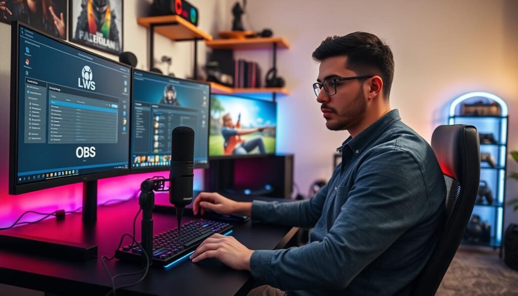 A modern home office setup focused on optimizing OBS for low-lag streaming. In the foreground, a sleek gaming desk with a high-end microphone, dual monitors displaying the OBS interface and live game footage. A focused, professional gamer in modest casual clothing is adjusting settings on the main monitor, showcasing a concentrated expression. In the middle ground, RGB lighting creates a vibrant and energetic atmosphere, illuminating gaming peripherals like a mechanical keyboard and headset. The background features shelves filled with gaming memorabilia, creating an engaging and immersive environment. Soft, warm lighting casts gentle shadows, enhancing the professional yet inviting mood of the space, while a wide-angle perspective captures the entire scene seamlessly.