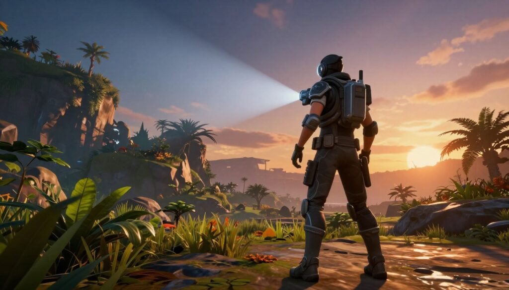 A visually stunning simulation of ray tracing technology in a gaming environment. In the foreground, a detailed 3D game character stands poised, illuminated by dynamic lighting that showcases reflections and shadows. In the middle ground, a lush, intricately designed game landscape featuring vibrant foliage and rugged terrain, all enhanced by realistic light interactions. In the background, a captivating sky transitions from deep blue to sunset orange, casting warm light across the scene. The overall atmosphere is immersive and futuristic, emphasizing clarity and realism. The image should evoke the innovative spirit of modern gaming technology, with precise ray-traced effects that highlight how light behaves naturally within this virtual space.